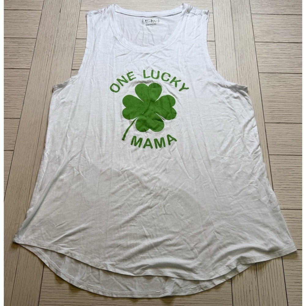 Miken Flow White Shamrock Irish Workout Women Tank T Shirt NWOT Rayon Spandex L